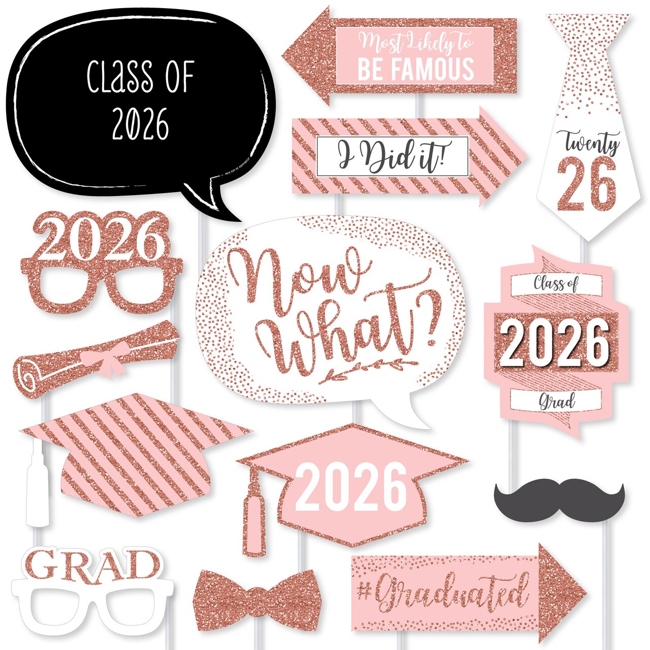Big Dot of Happiness Rose Gold - 2026 Graduation Party Photo Booth Props Kit - 20 Count